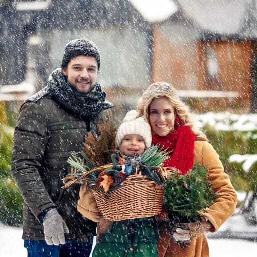 Family enjoying winter holiday bundles of garden supplies